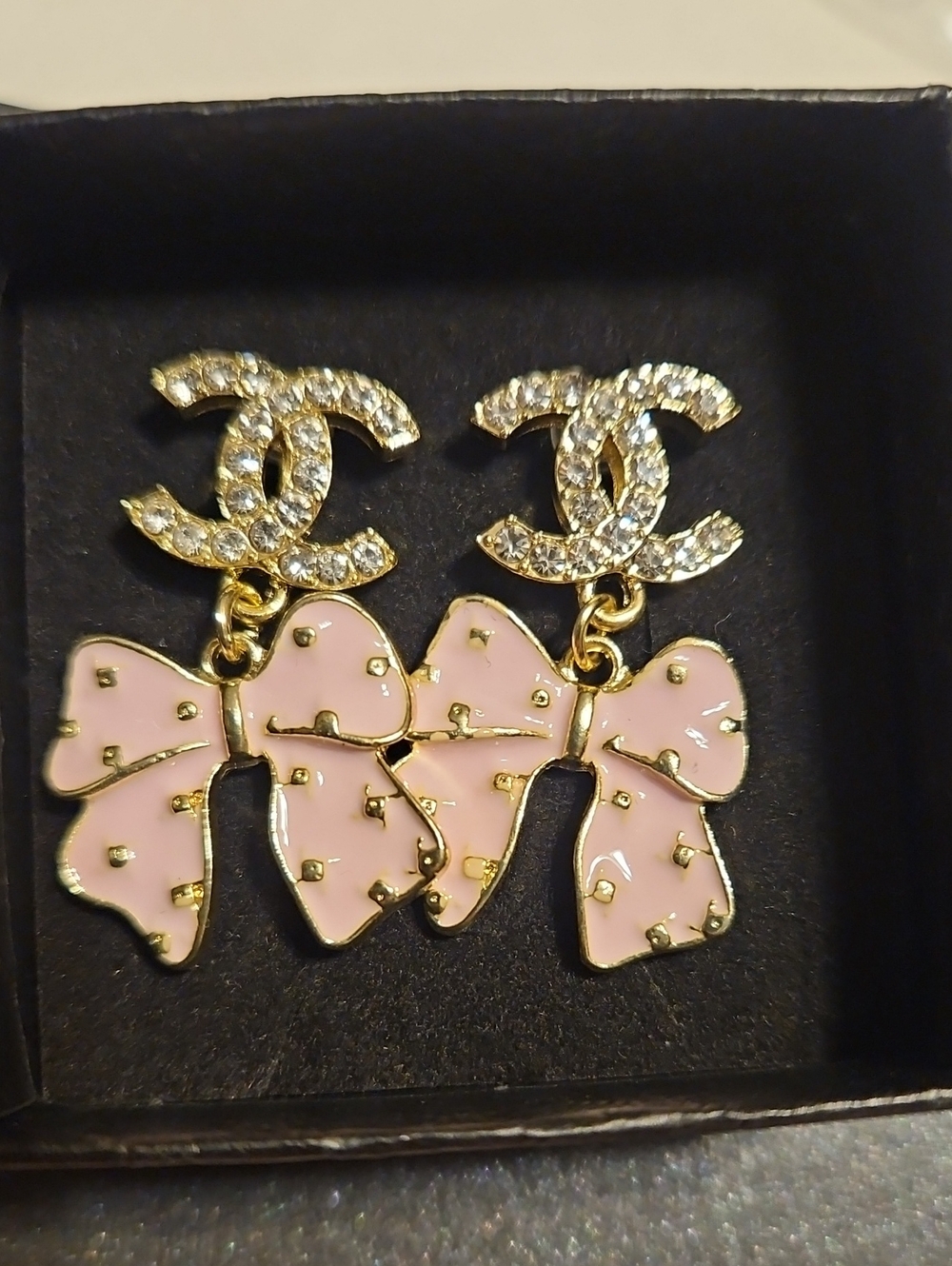 Pink Enamel Bow Drop Earrings with Crystal CC Tops